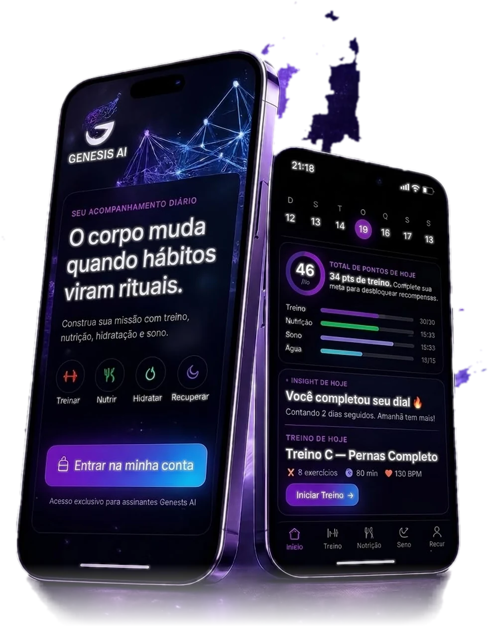 App Genesis AI: tela de entrada e a pontuação do dia